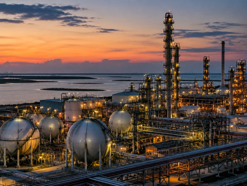 Complejo petroquímico con esferas y torres