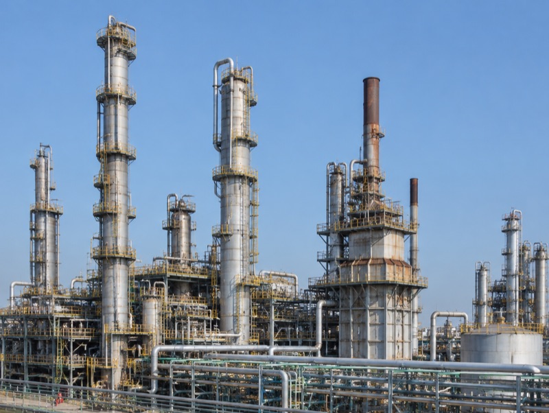 Refinería con columnas de destilación