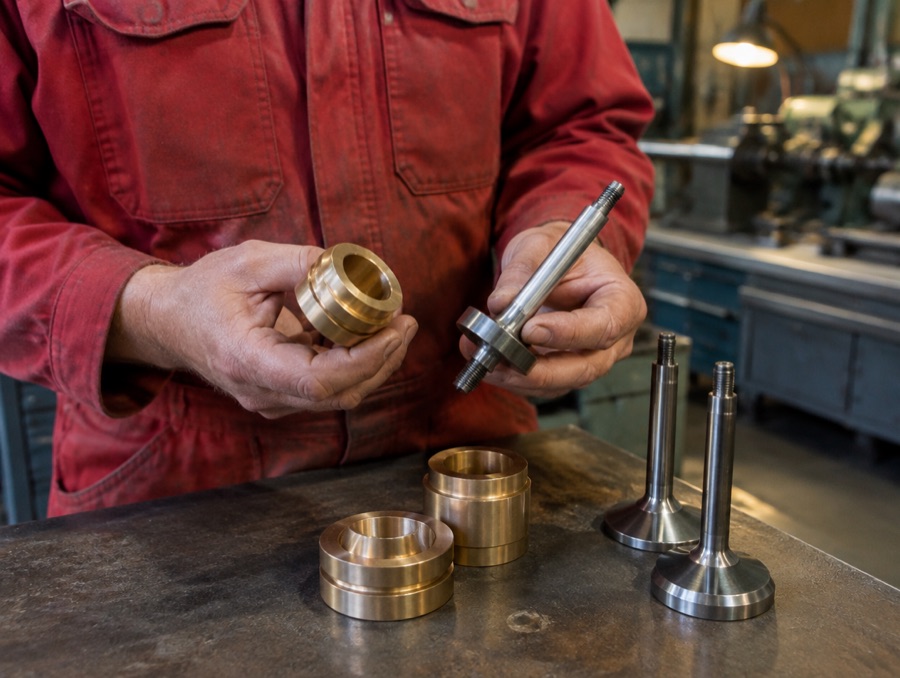 Piezas de válvula fabricadas en bronce y acero en el taller