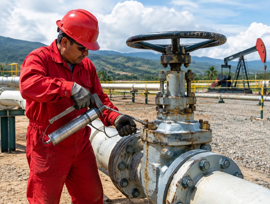 Técnico lubricando y reparando una válvula de compuerta en sitio