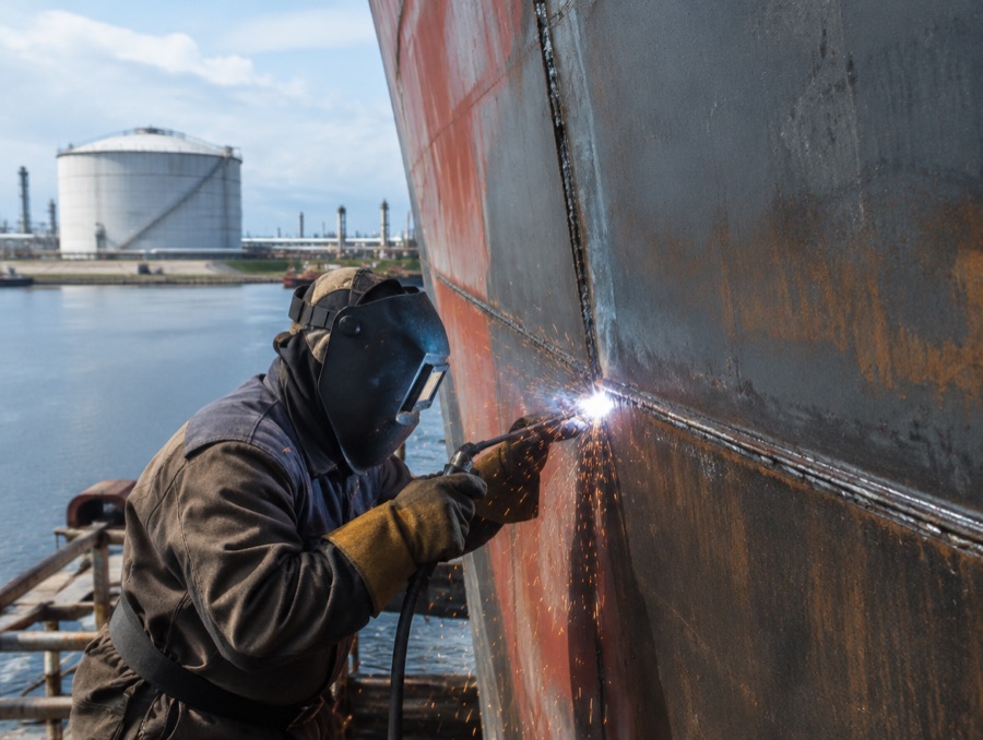 Soldadura metalmecánica en el casco de una gabarra petrolera